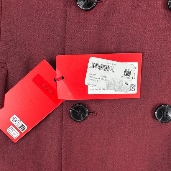 Hugo Boss Mens Modern Fit Super Flex Double-Breasted Suit Jacket Dark Red 42L - Picture 3 of 6